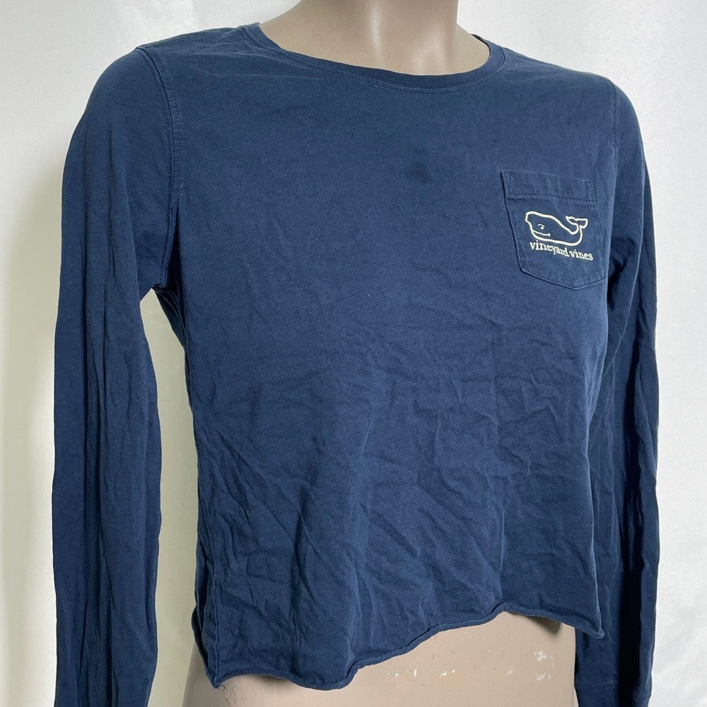 Vineyard Vines Long Sleeve Cropped Navy Blue Whale Sailboats T-Shirt Women's XS - Picture 6 of 9